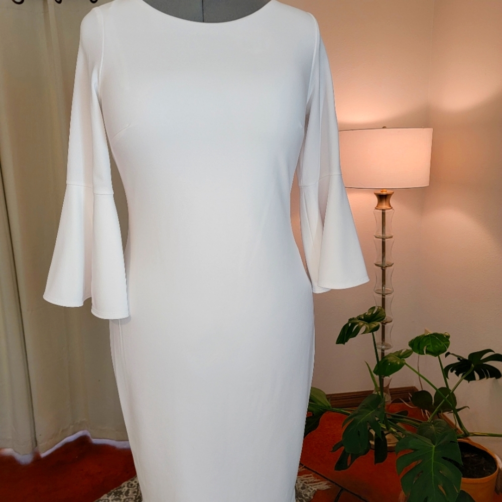 Beautiful White CALVIN KLEIN dress with flared sleeves sleeves and gold zipper.